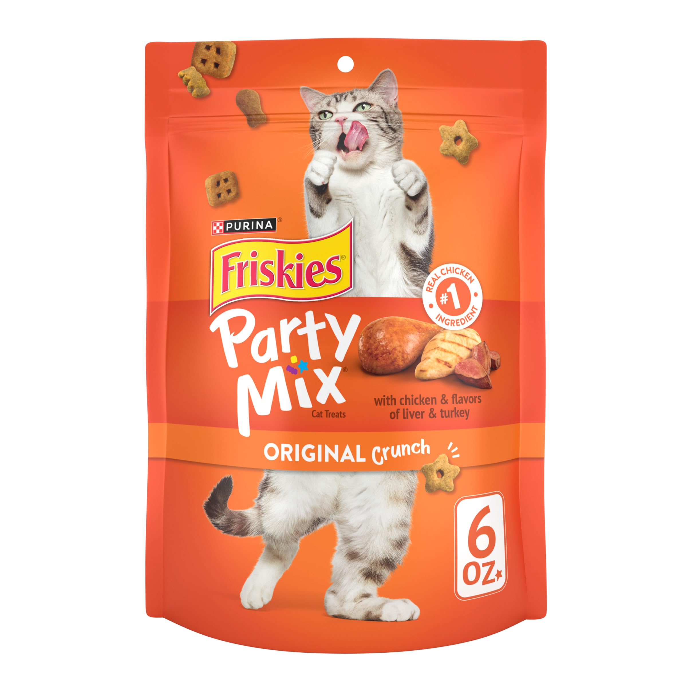 Friskies Party Mix Original Crunch pack6 front view for convenient feline snacking