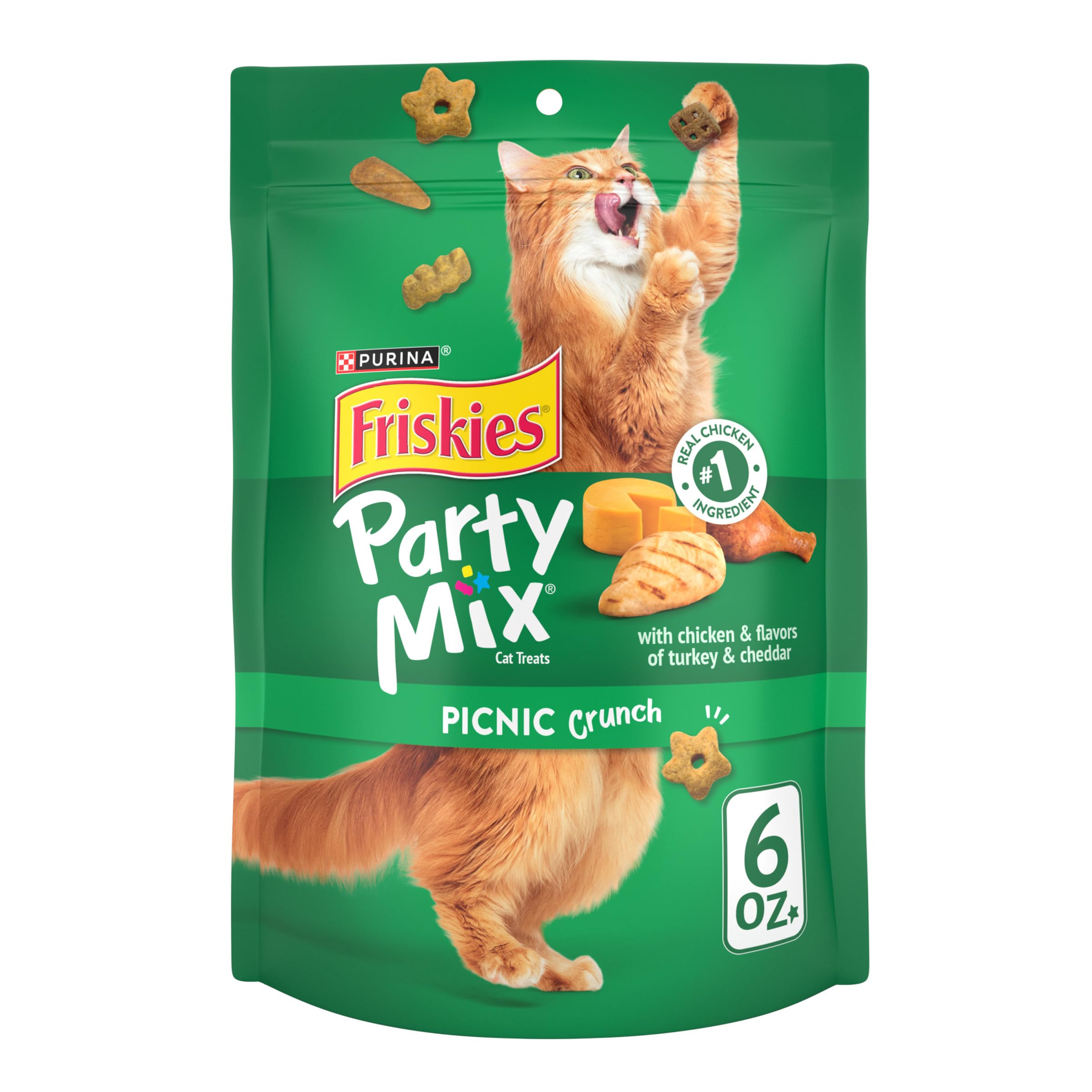 Friskies Party Mix Picnic Crunch pack 6oz with fresh, convenient resealable pouch for freshness