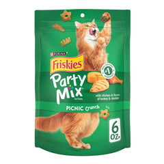 Friskies Party Mix Picnic Crunch pack 6oz with fresh, convenient resealable pouch for freshness