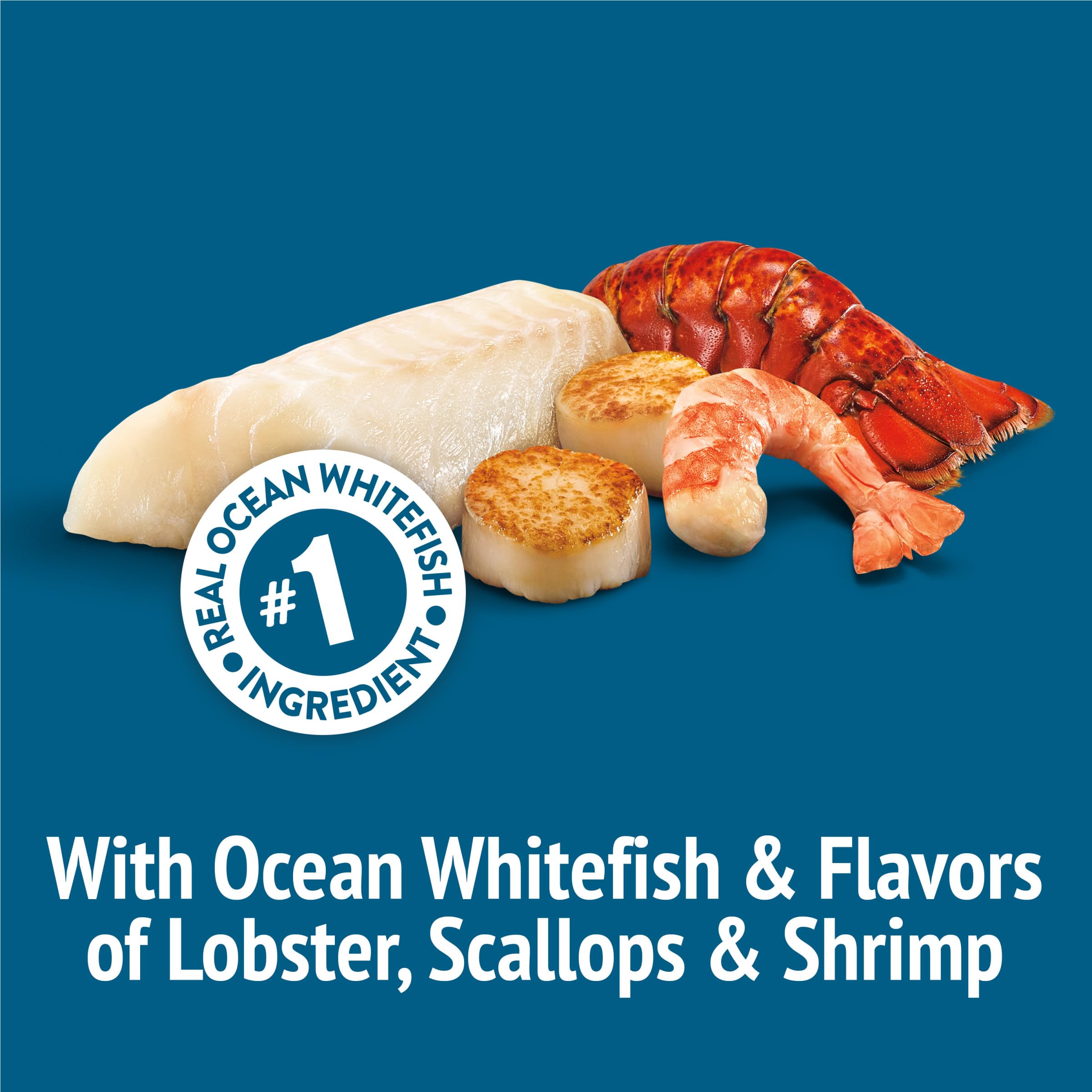 Friskies Party Mix seafood shapes highlight lobster, scallops, and shrimp flavors