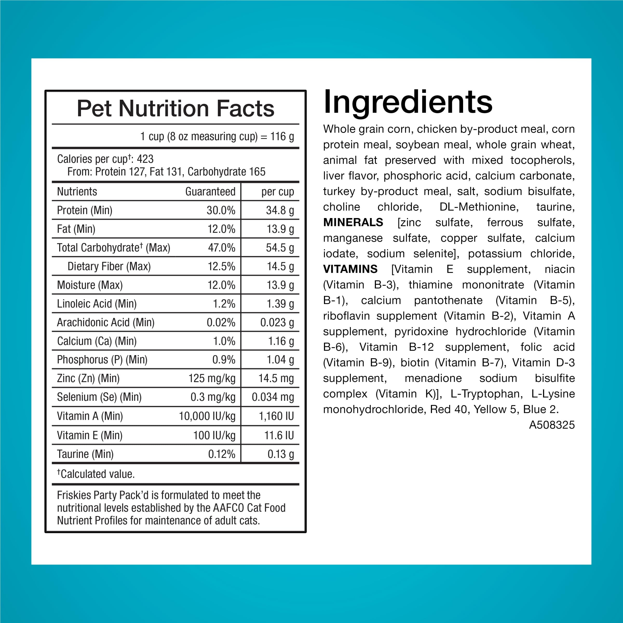 Friskies Party Pack’d 38 nutrients provide balanced adult cat nutrition.