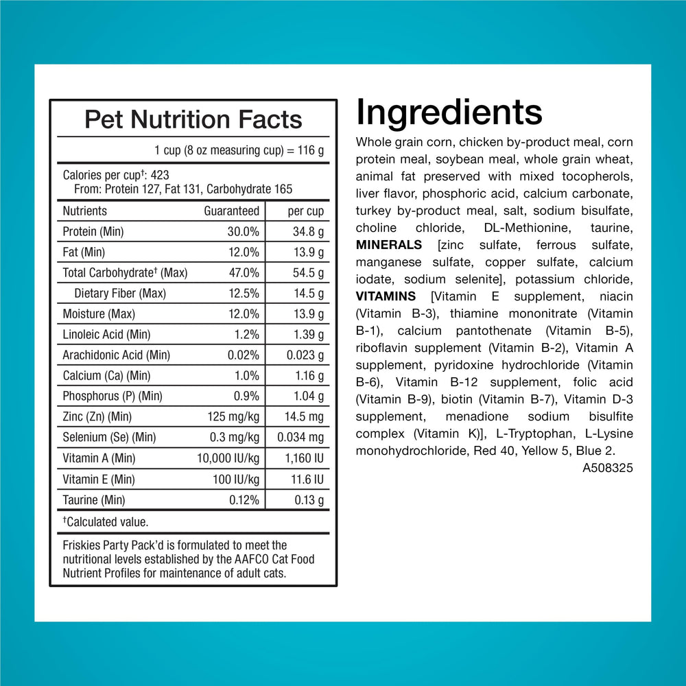 Friskies Party Pack’d 38 nutrients provide balanced adult cat nutrition.
