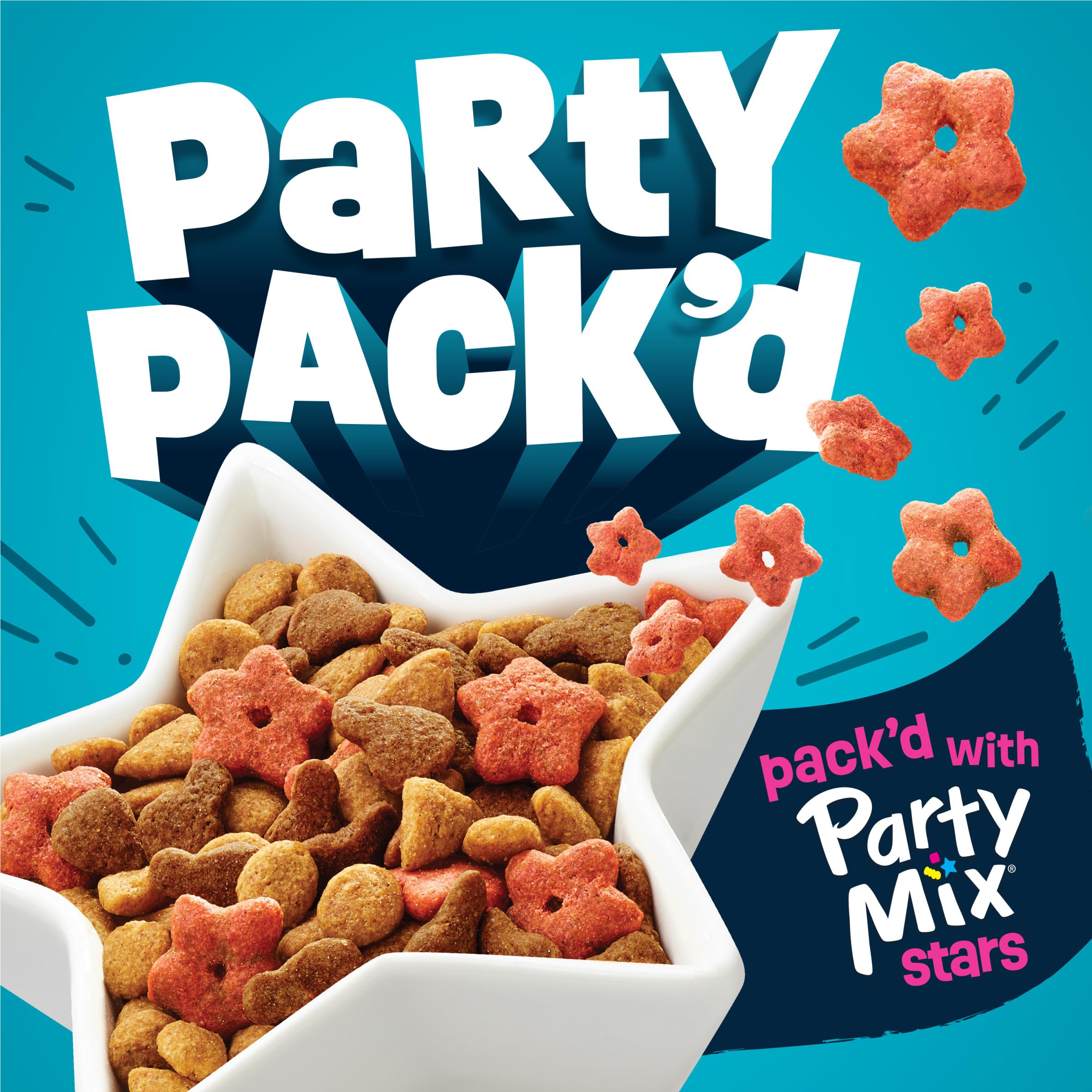 Friskies Party Pack’d star pieces add crunch to each meal for variety.
