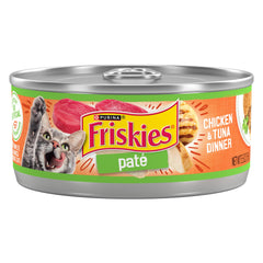 Friskies Pate Chicken and Tuna Dinner cans on a shelf for daily meals.