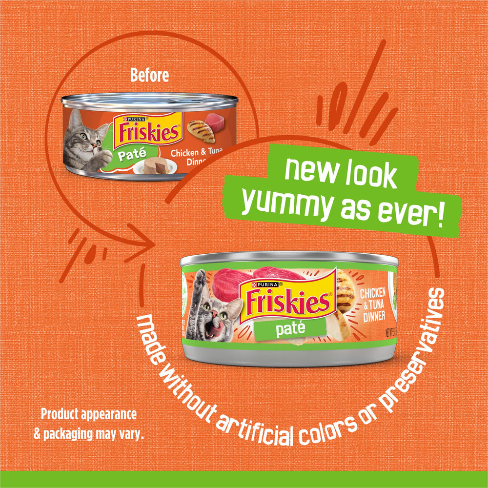 Close-up texture of Friskies Pate Chicken and Tuna Dinner showing smooth consistency.