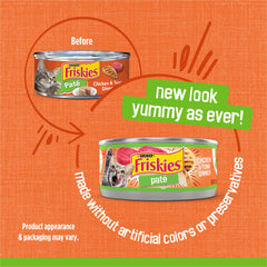 Close-up texture of Friskies Pate Chicken and Tuna Dinner showing smooth consistency.