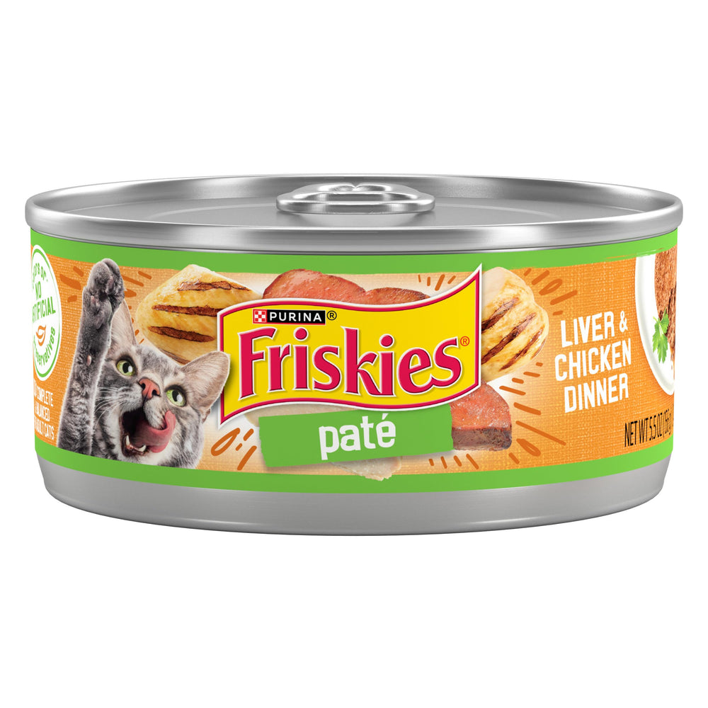 Friskies pate liver and chicken dinner can, silky texture that cats love.