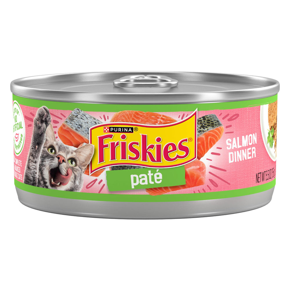 Purina Friskies Pate Salmon Dinner can-front — inviting aroma enhances mealtime appeal for cats.