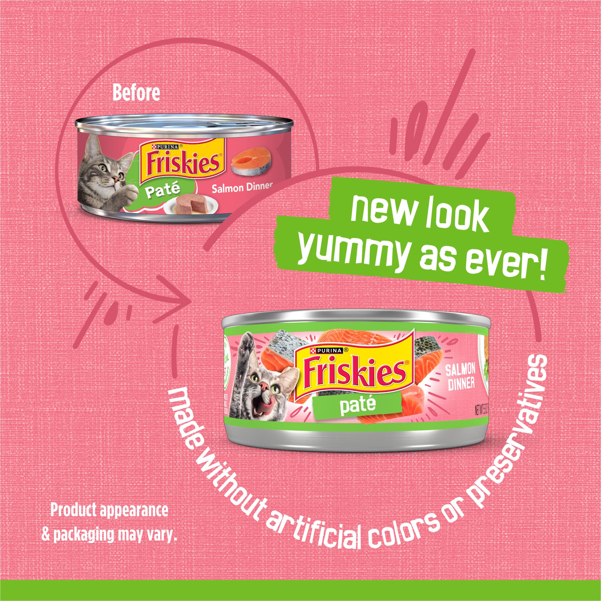 Purina Friskies Pate Salmon Dinner pull-tab can — easy opening supports quick feeding.