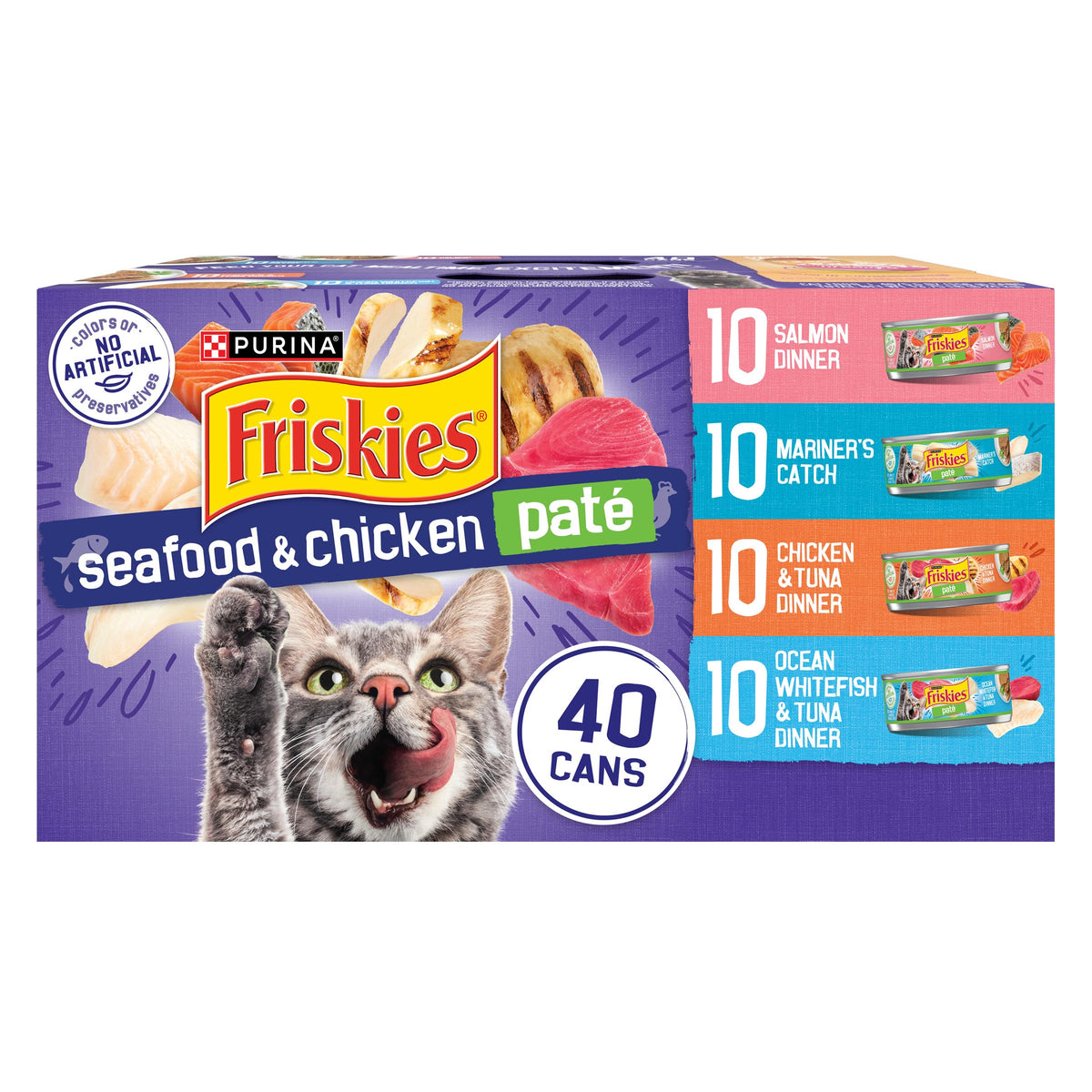 Friskies pate seafood-chicken variety pack cans on shelf.