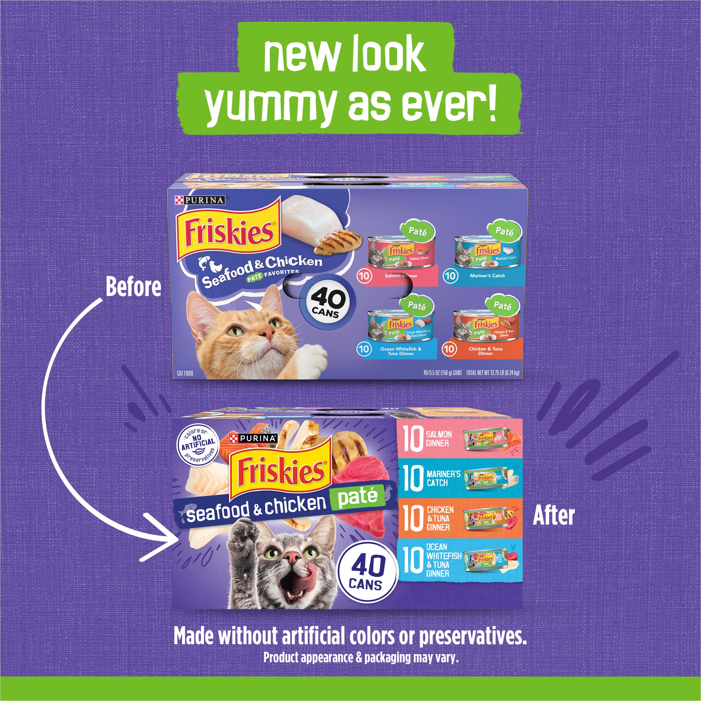 Friskies pate smooth texture cat food with creamy cat meal.