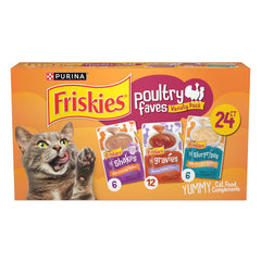 Friskies Poultry Faves chicken gravy pouch, easy topper for meals.