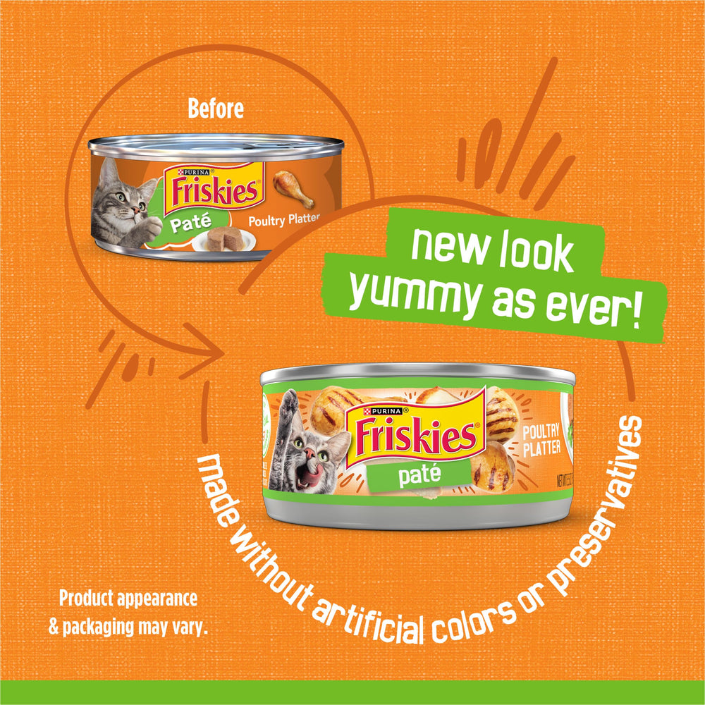 Friskies Poultry Platter pate texture close-up shows smooth, easy-to-chew bites.