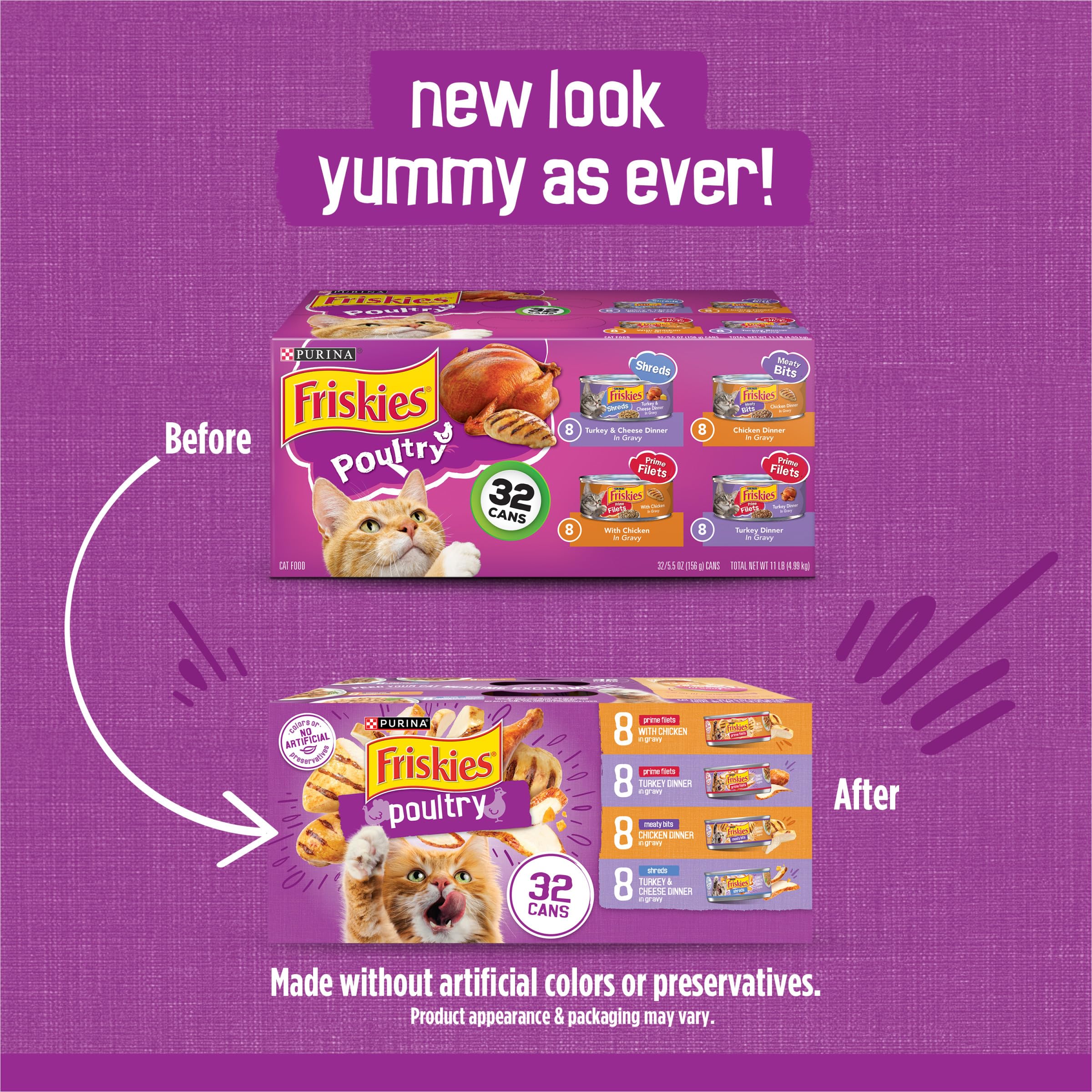 Friskies poultry shreds image highlighting chicken and turkey textures for engaging meals