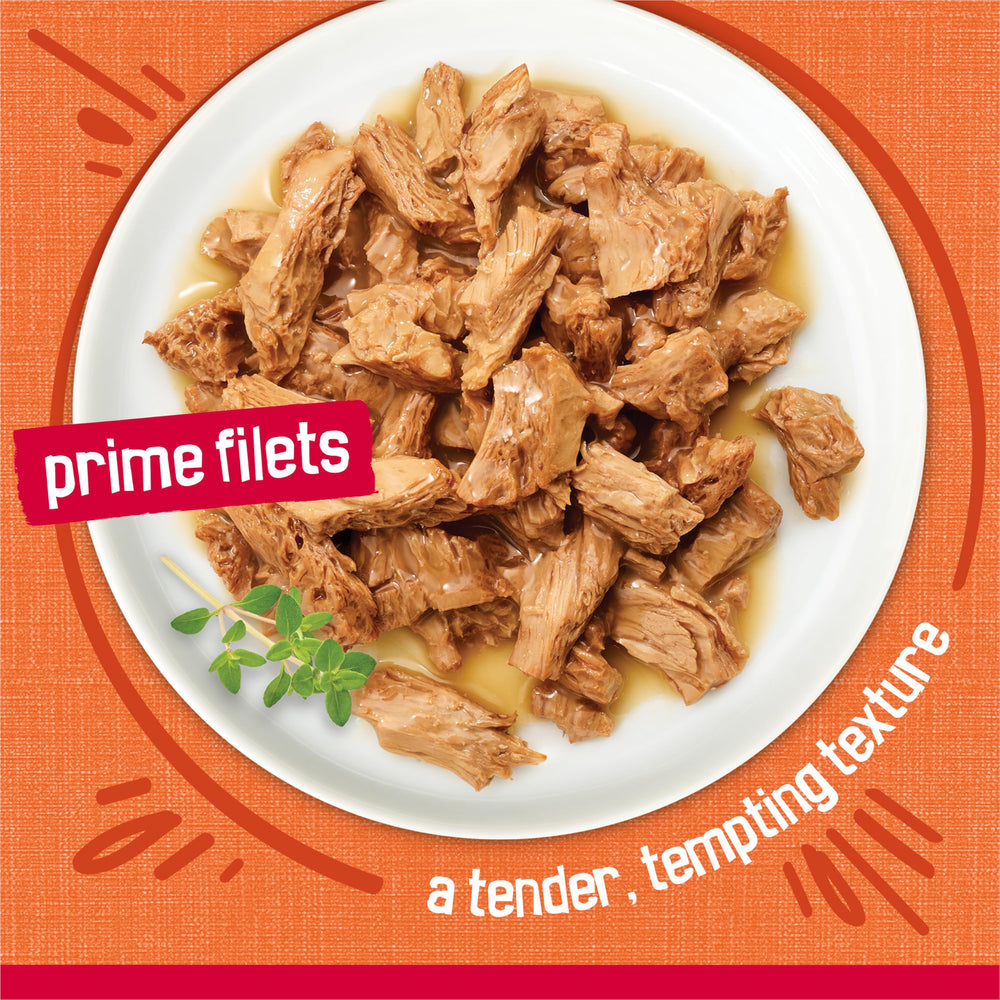 Friskies Prime Filets adult nutrition balance shown in recyclable can packaging