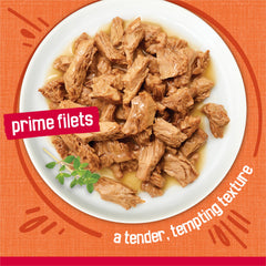 Friskies Prime Filets adult nutrition balance shown in recyclable can packaging