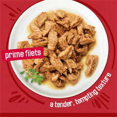 Friskies Prime Filets beef in gravy strong aroma attracts the cat