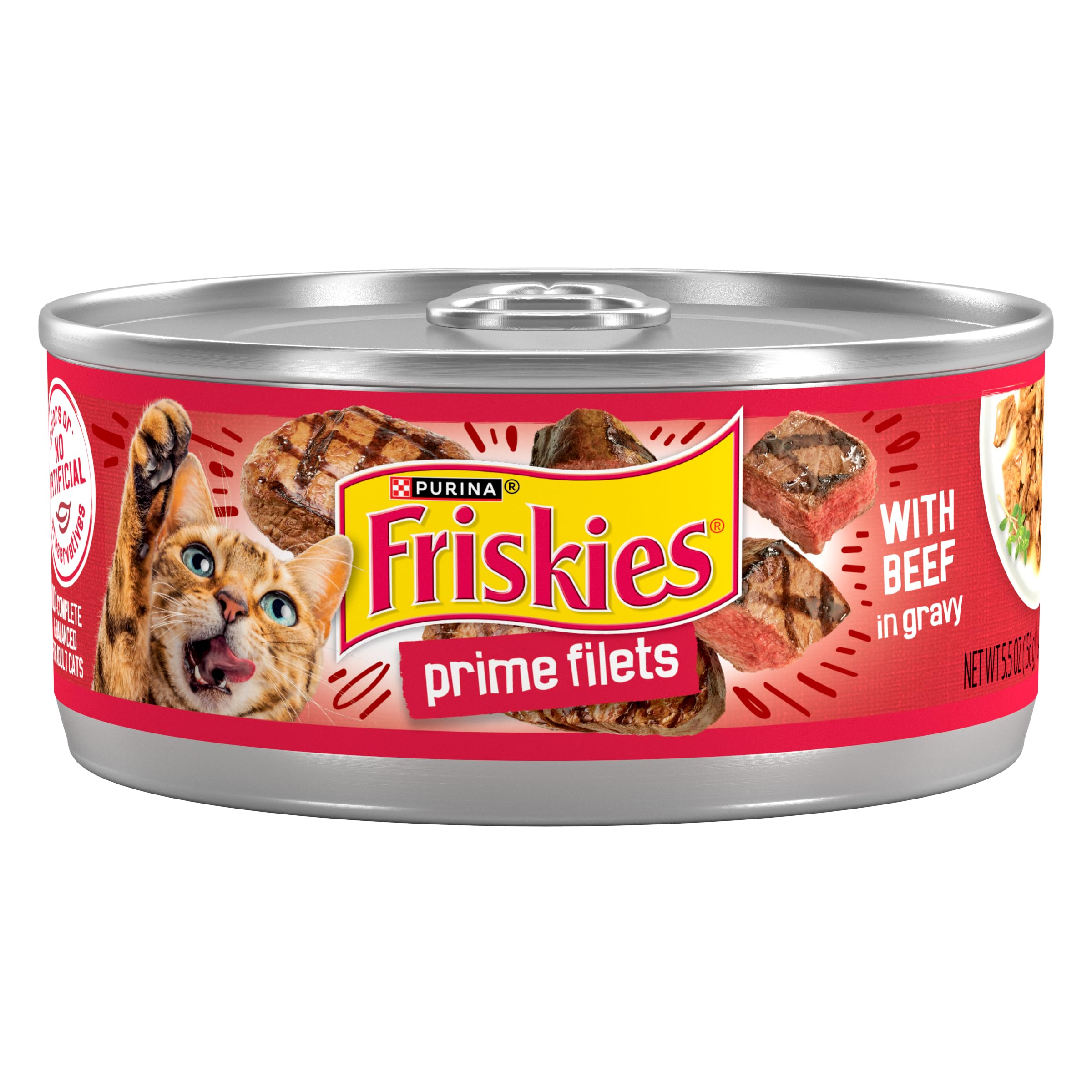 Friskies Prime Filets beef in gravy cans show rich color for daily meals