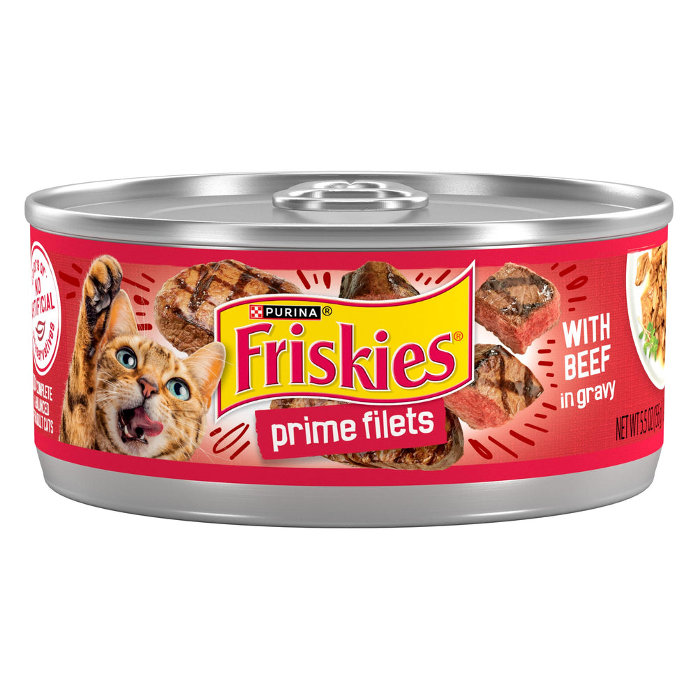 Friskies Prime Filets beef in gravy cans show rich color for daily meals