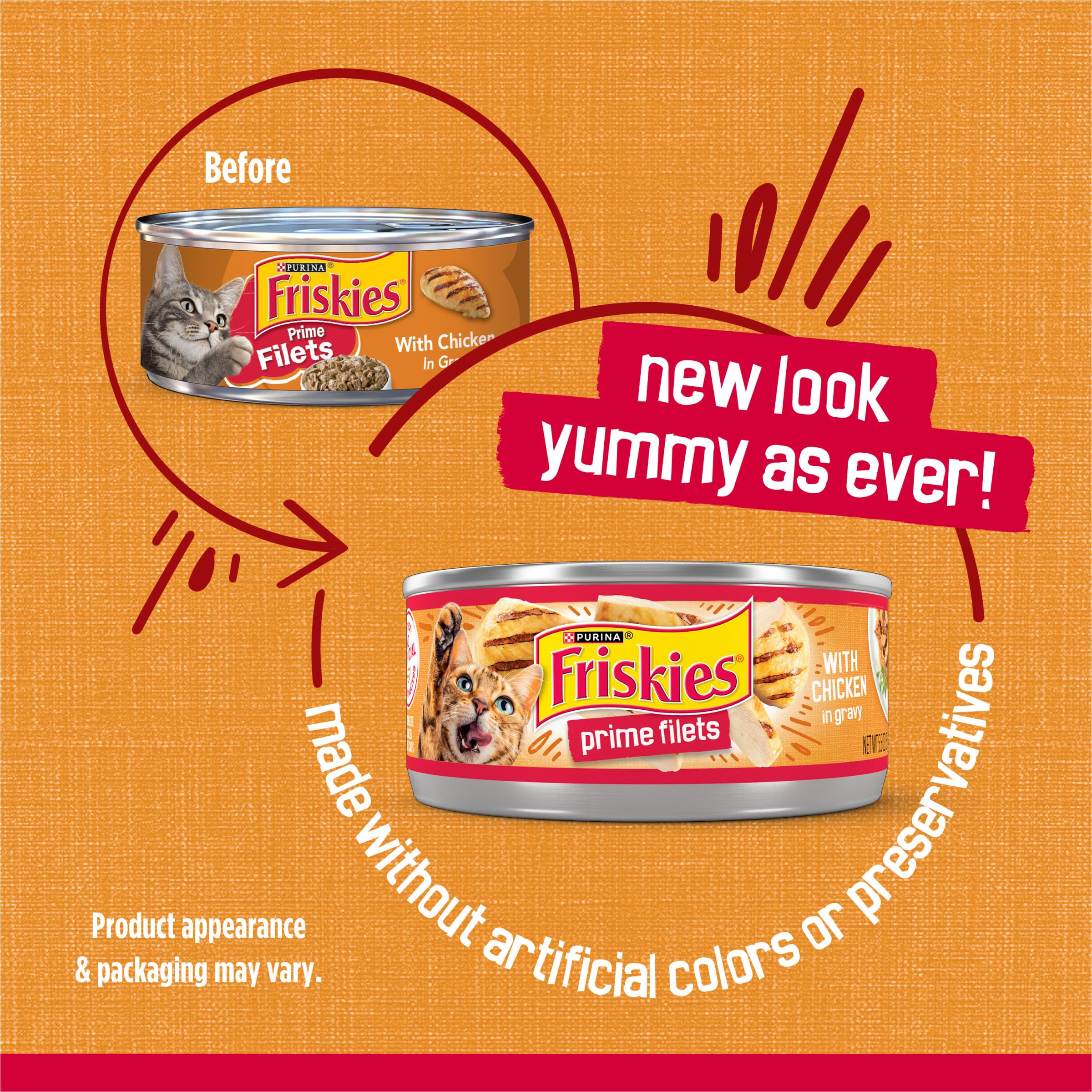 Friskies Prime Filets chicken chunks closeup — tender texture designed to please palates.