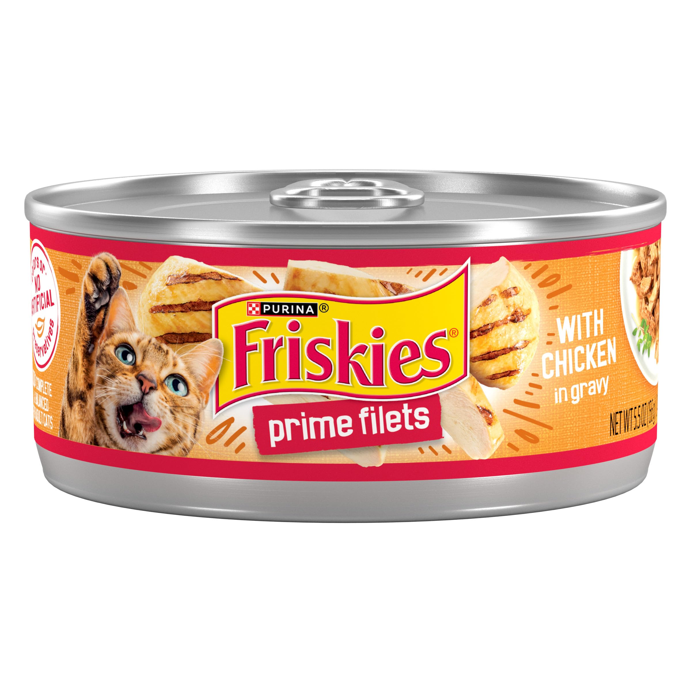 Friskies Prime Filets with Chicken in Gravy can — real chicken chunks in savory gravy for adult cats.