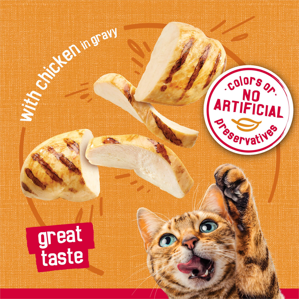 Friskies Prime Filets chicken in gravy open can — quick, convenient dinner for cats.