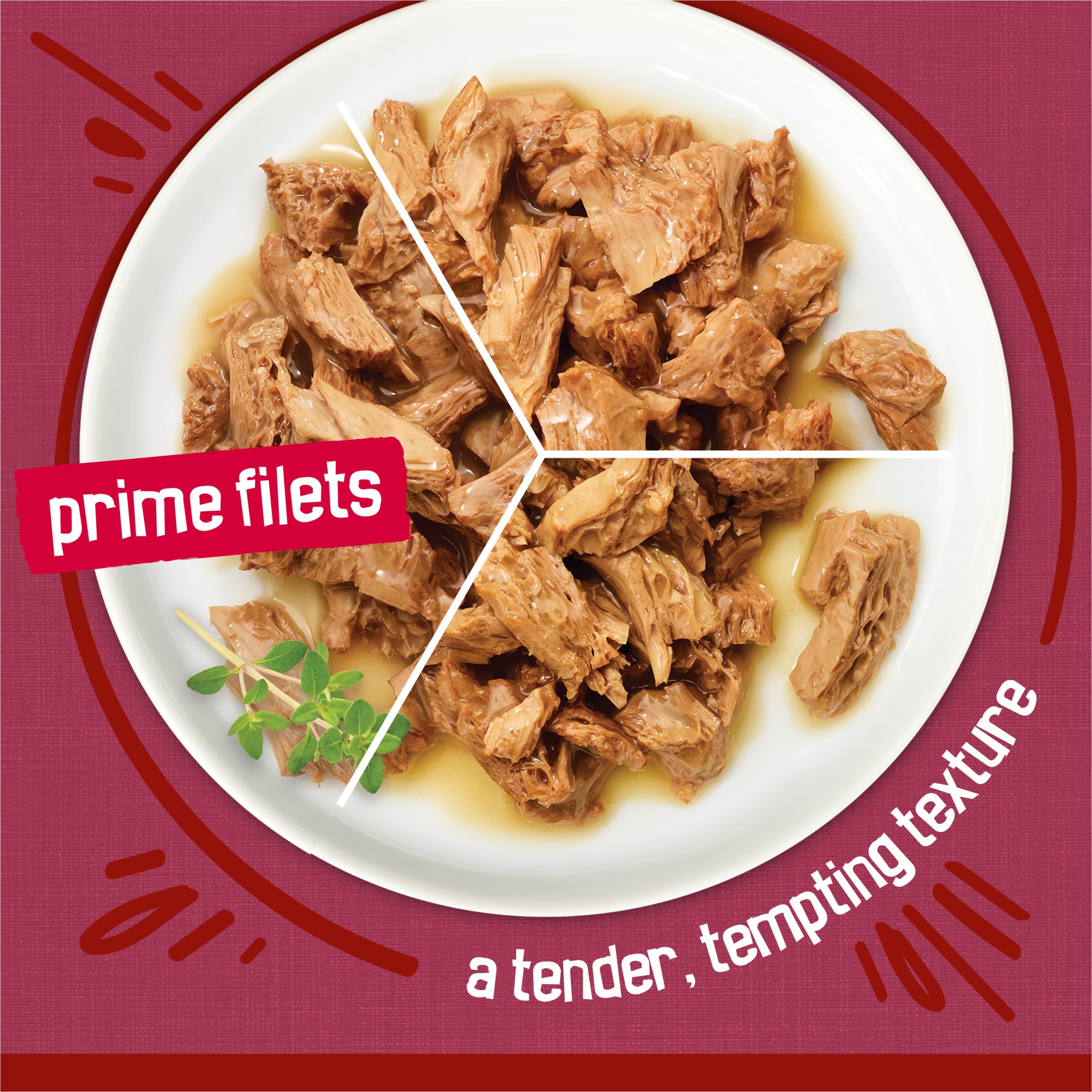 Purina Friskies Prime Filets beef in gravy bowl highlights rich texture for cats.