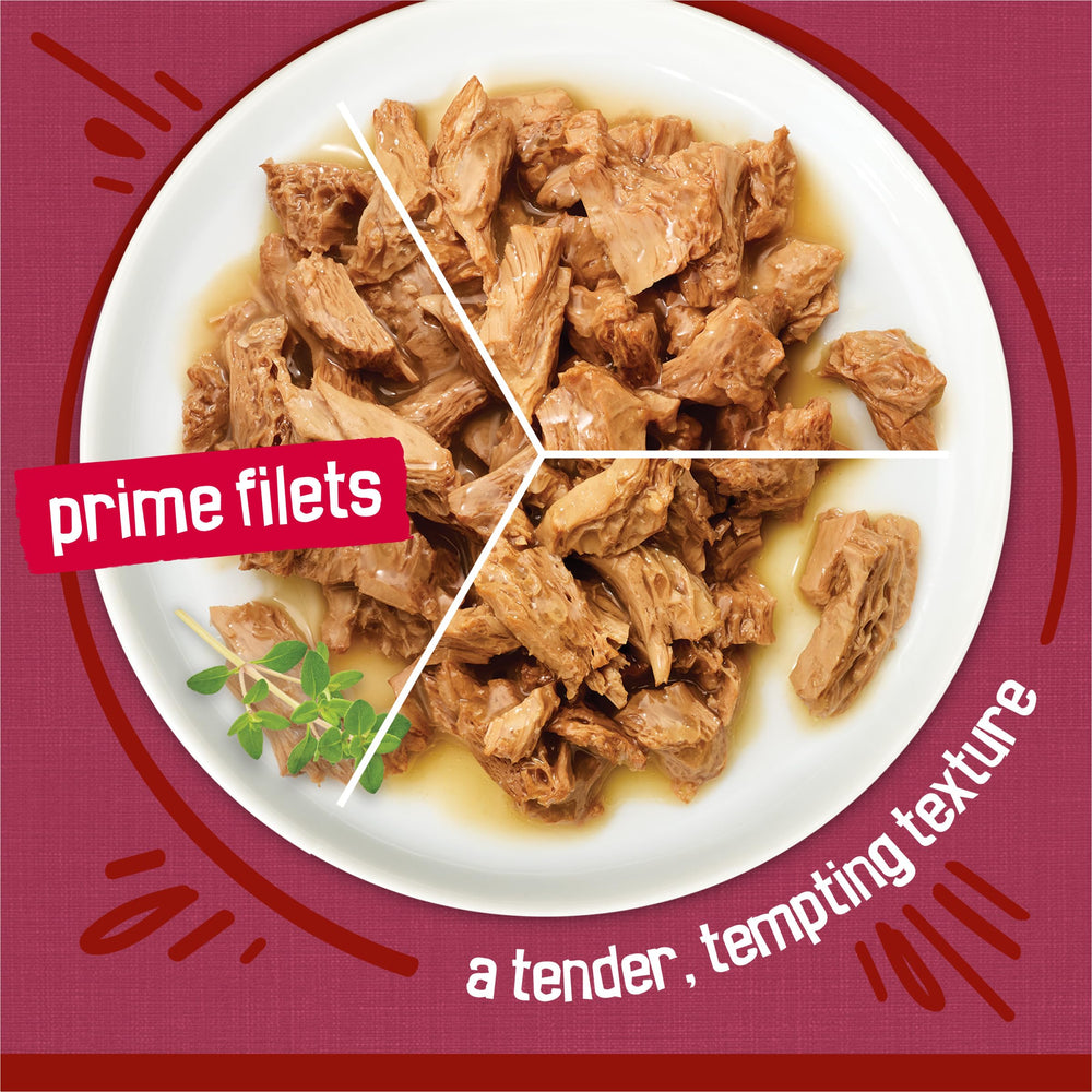 Purina Friskies Prime Filets beef in gravy bowl highlights rich texture for cats.