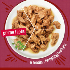 Purina Friskies Prime Filets beef in gravy bowl highlights rich texture for cats.