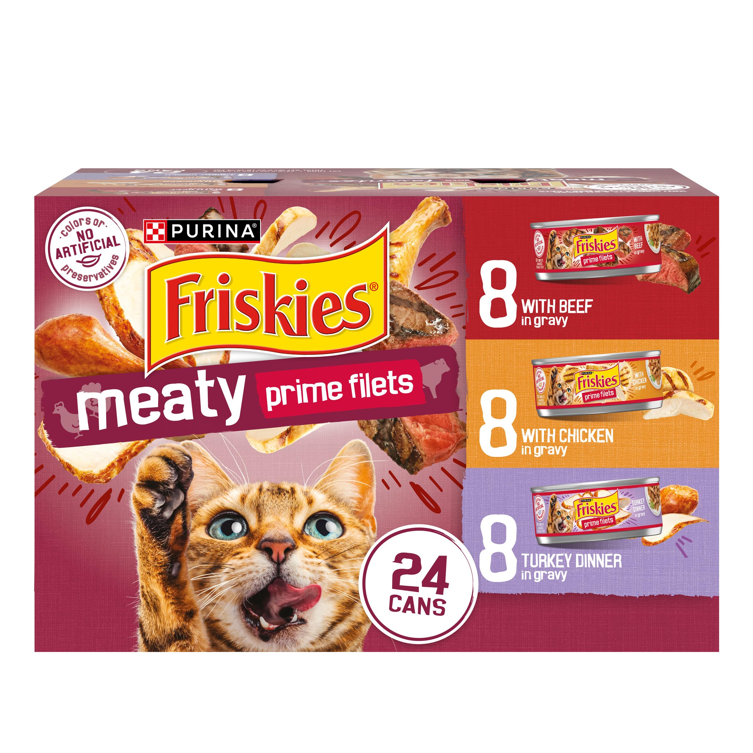 Purina Friskies Prime Filets beef in gravy can adds moisture and flavor for adult cats.