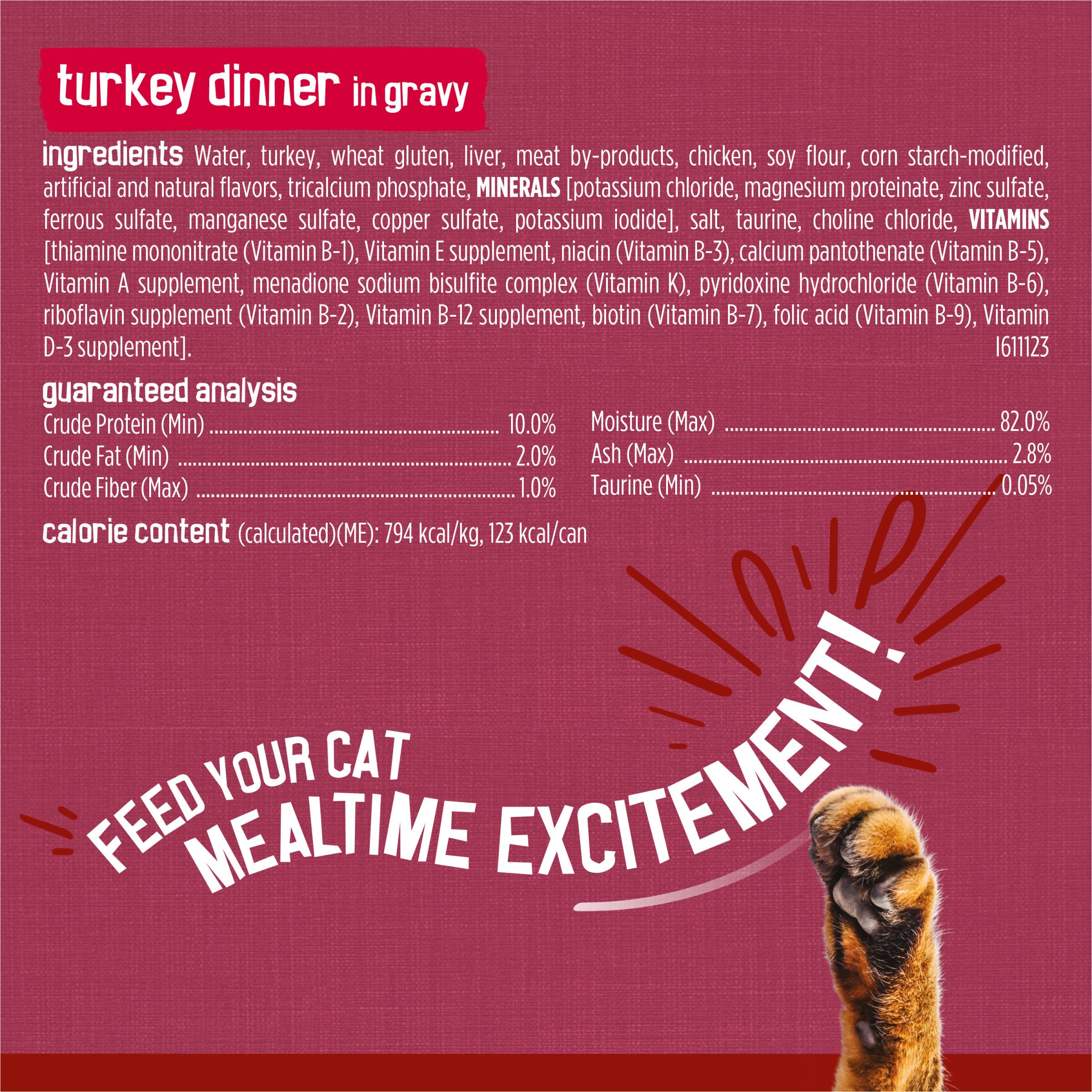 Purina Friskies Prime Filets meat chunk closeup emphasizes tender bites.