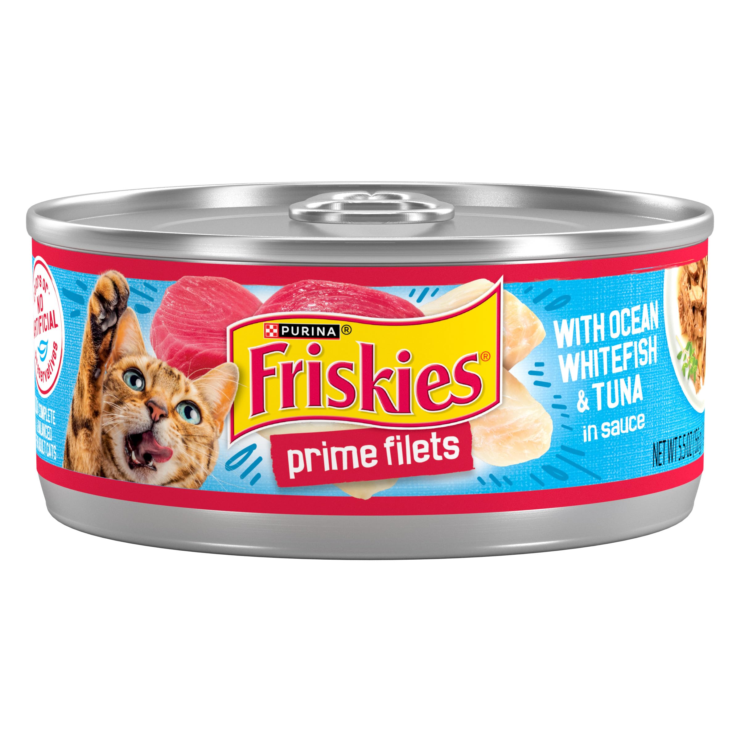 Friskies Prime Filets ocean whitefish and tuna cans, high protein for active cats.