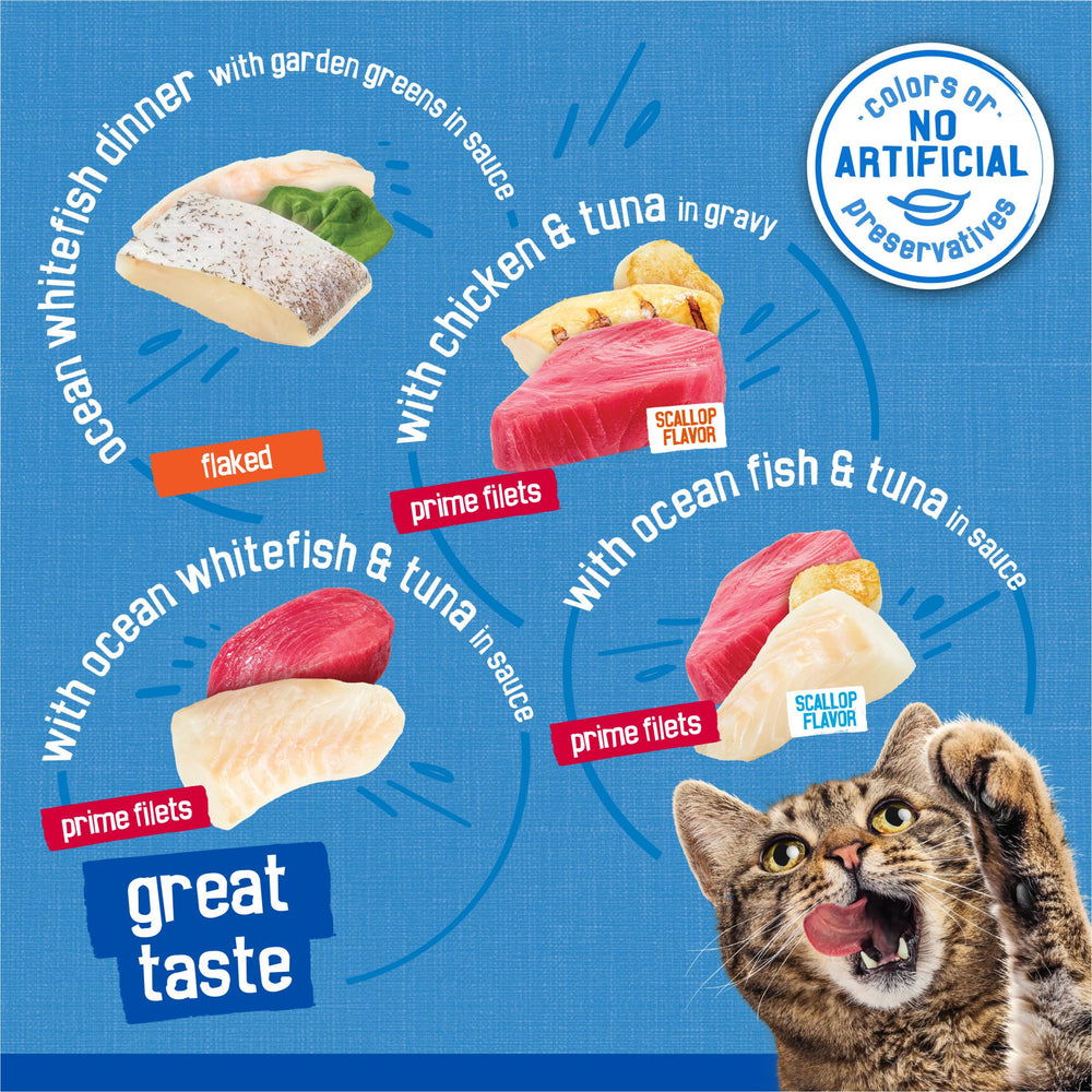 Friskies Prime Filets Ocean Whitefish Tuna Sauce can highlights balanced nutrition