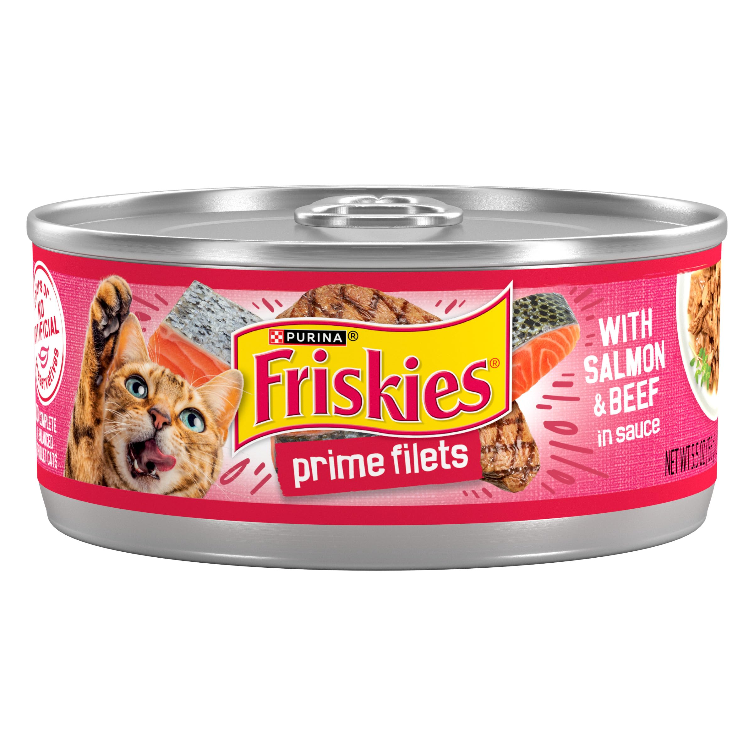 Friskies Prime Filets Salmon and Beef in Sauce cans, savory moisture-rich cat meal
