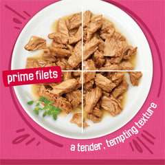 Savory gravy adds moisture and flavor to Friskies Prime Filets texture
