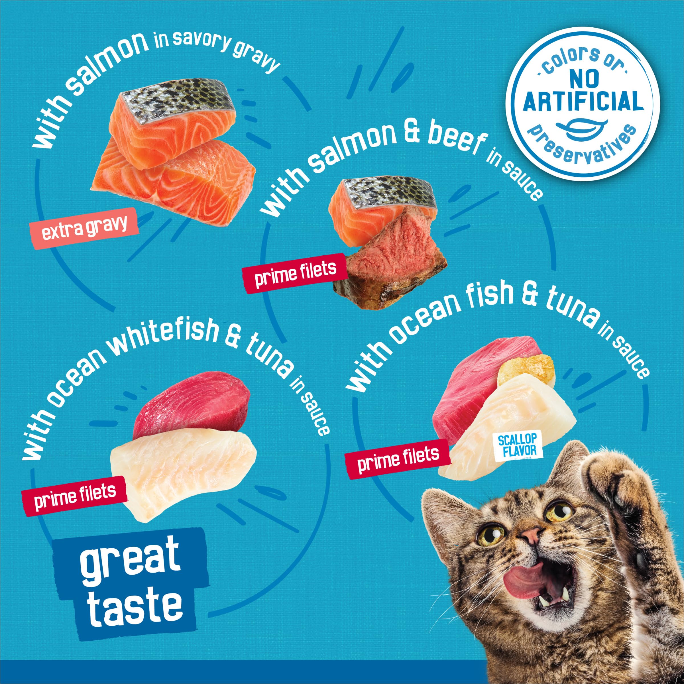 Friskies Prime Filets seafood bites close-up highlighting premium texture and flavor.