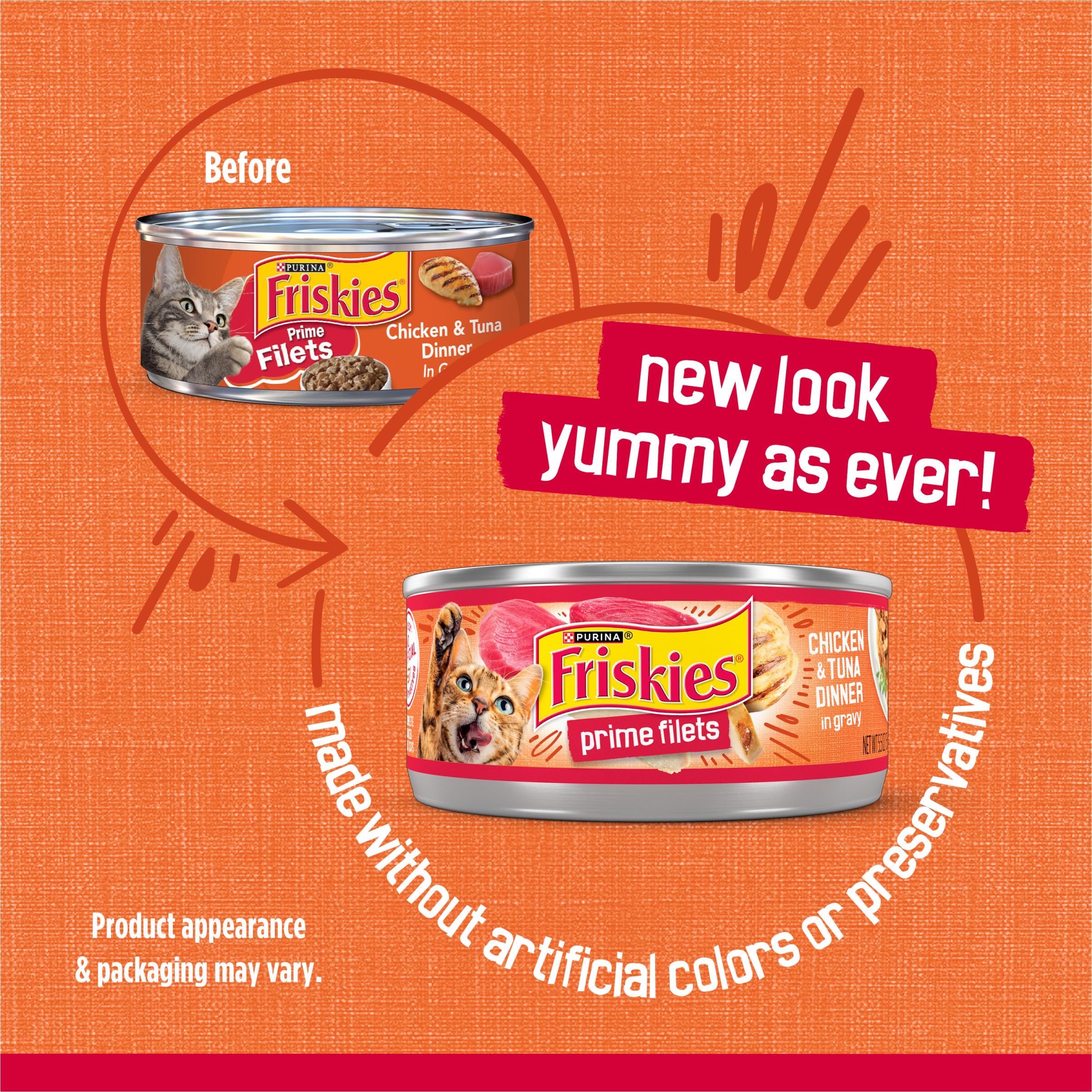 Friskies Prime Filets shredded chunks texture highlighted for a tempting bite