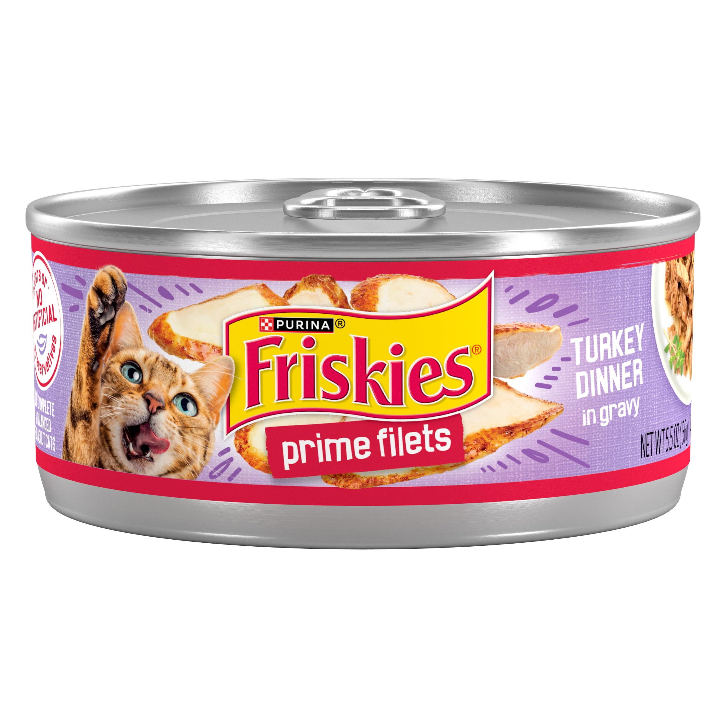Friskies Prime Filets Turkey Dinner can closeup shows turkey chunks in gravy for moisture.