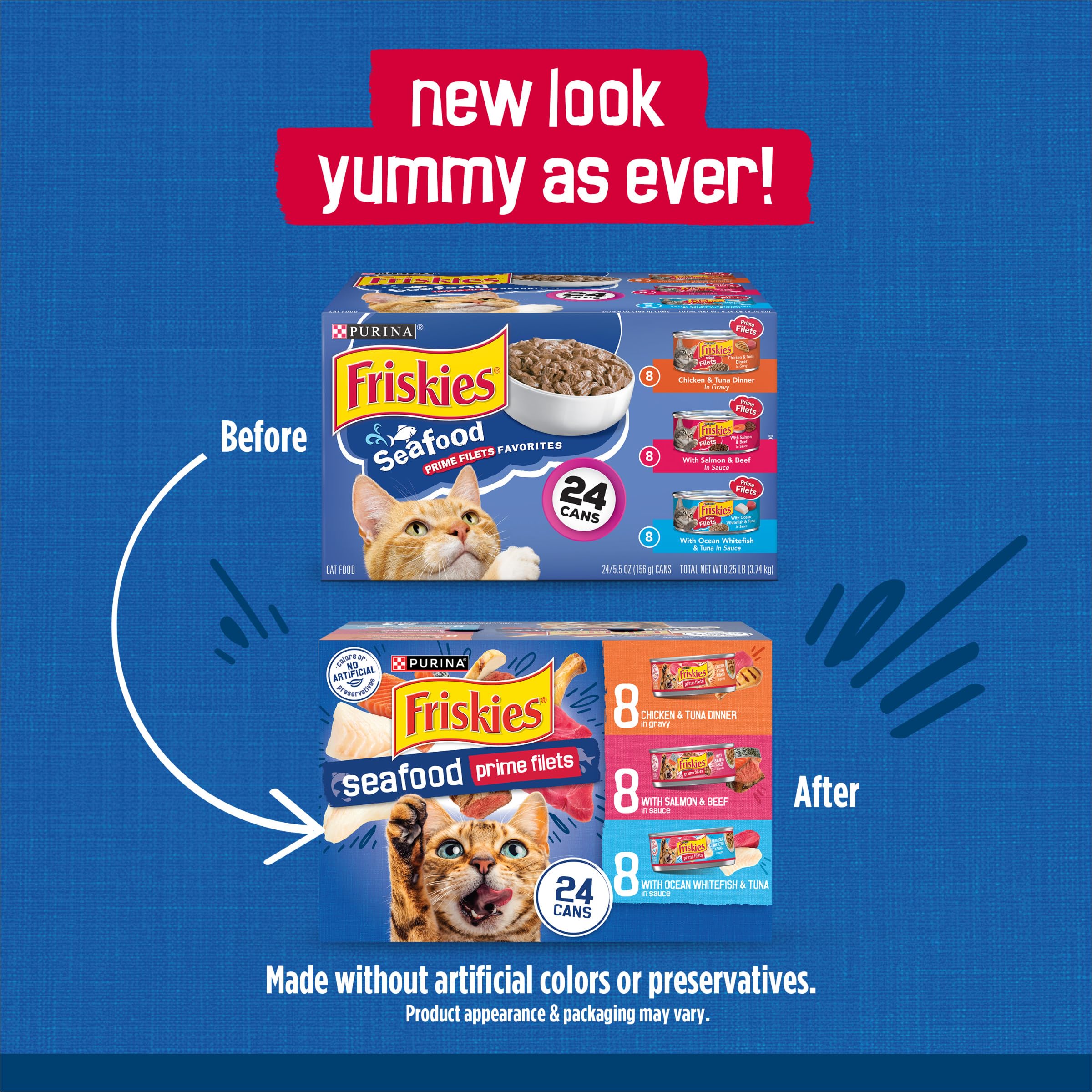 Friskies Prime Filets Variety Pack shows four flavors in one convenient box.
