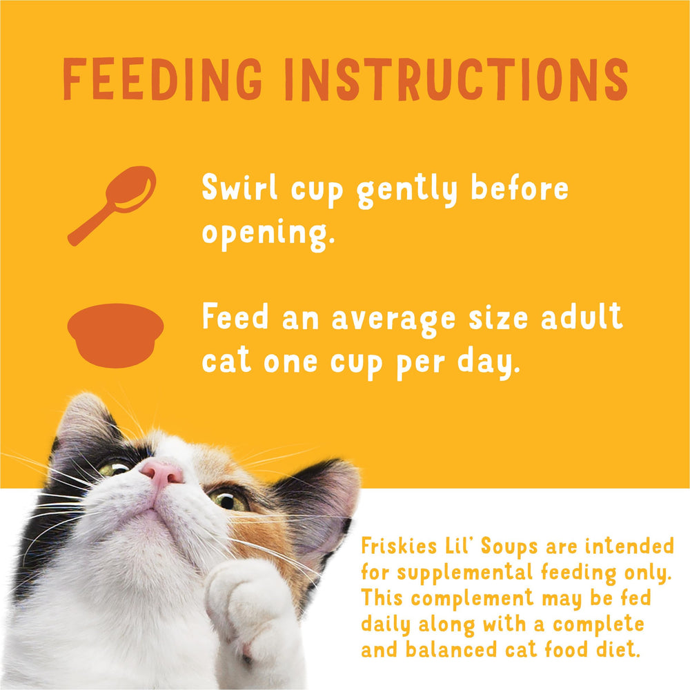 Friskies Lil' Soups no poultry by-products cup avoids poultry by-products entirely.
