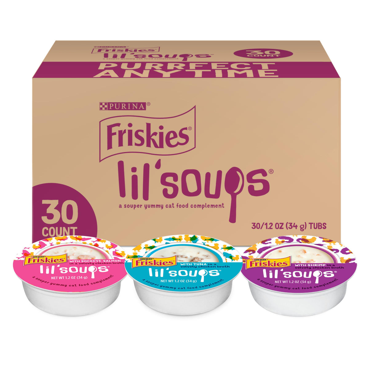 Friskies Lil' Soups tuna cup with real tuna, a tasty topper for dry cat food.