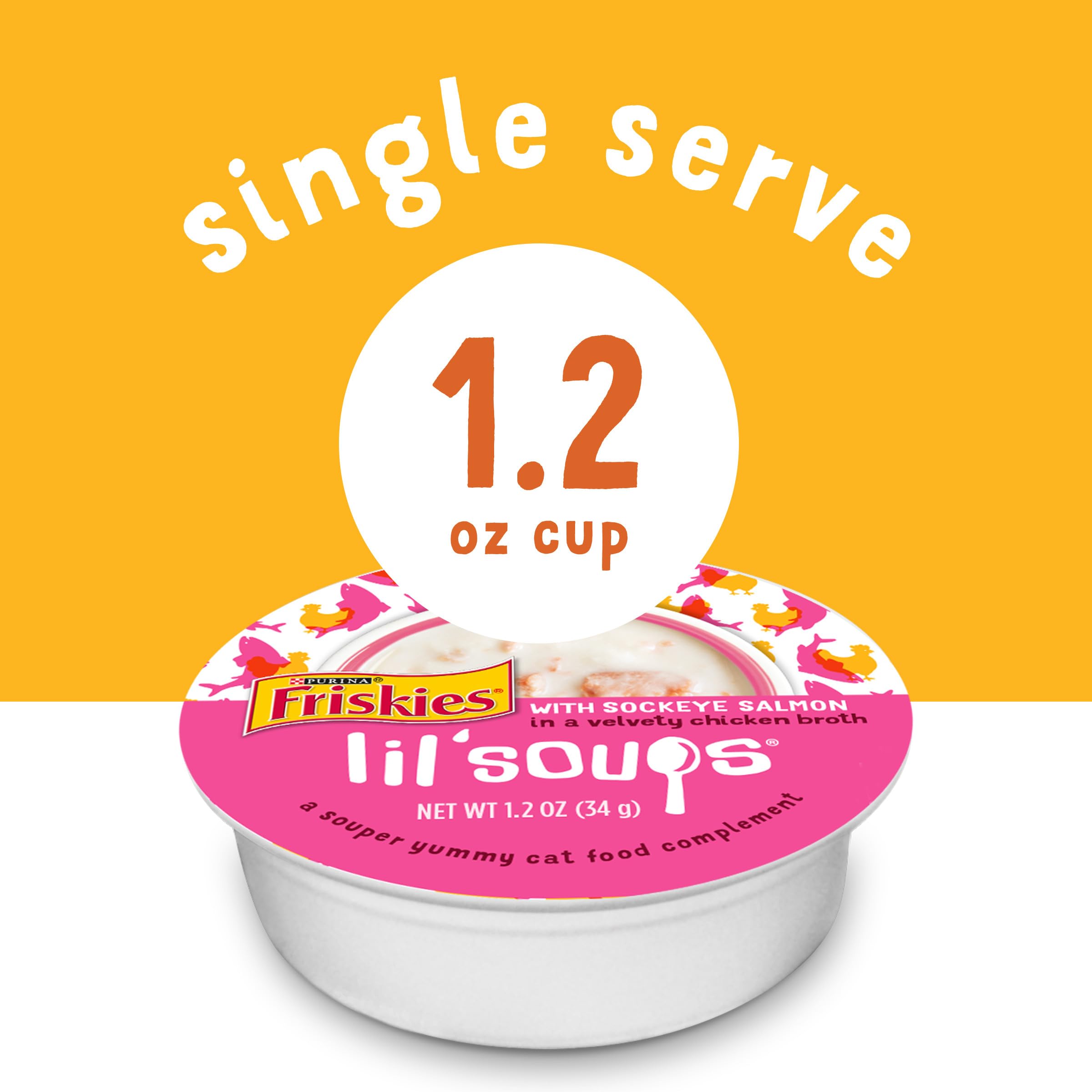 Friskies Lil' Soups velvety-broth cup adds aroma and moisture to every bite.