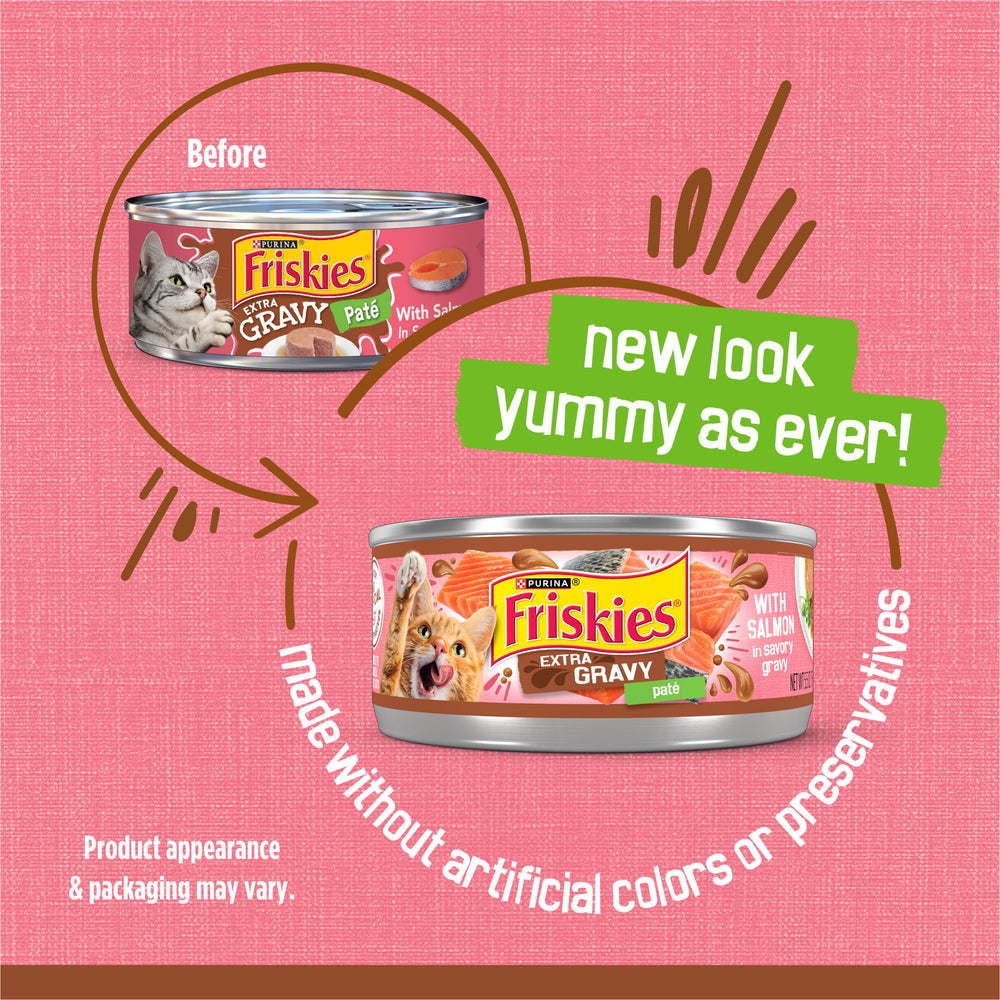 Close-up of Friskies salmon pate with smooth texture for easy bites.