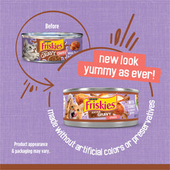 Friskies savory-gravy close-up highlights rich aroma inviting cats to eat.