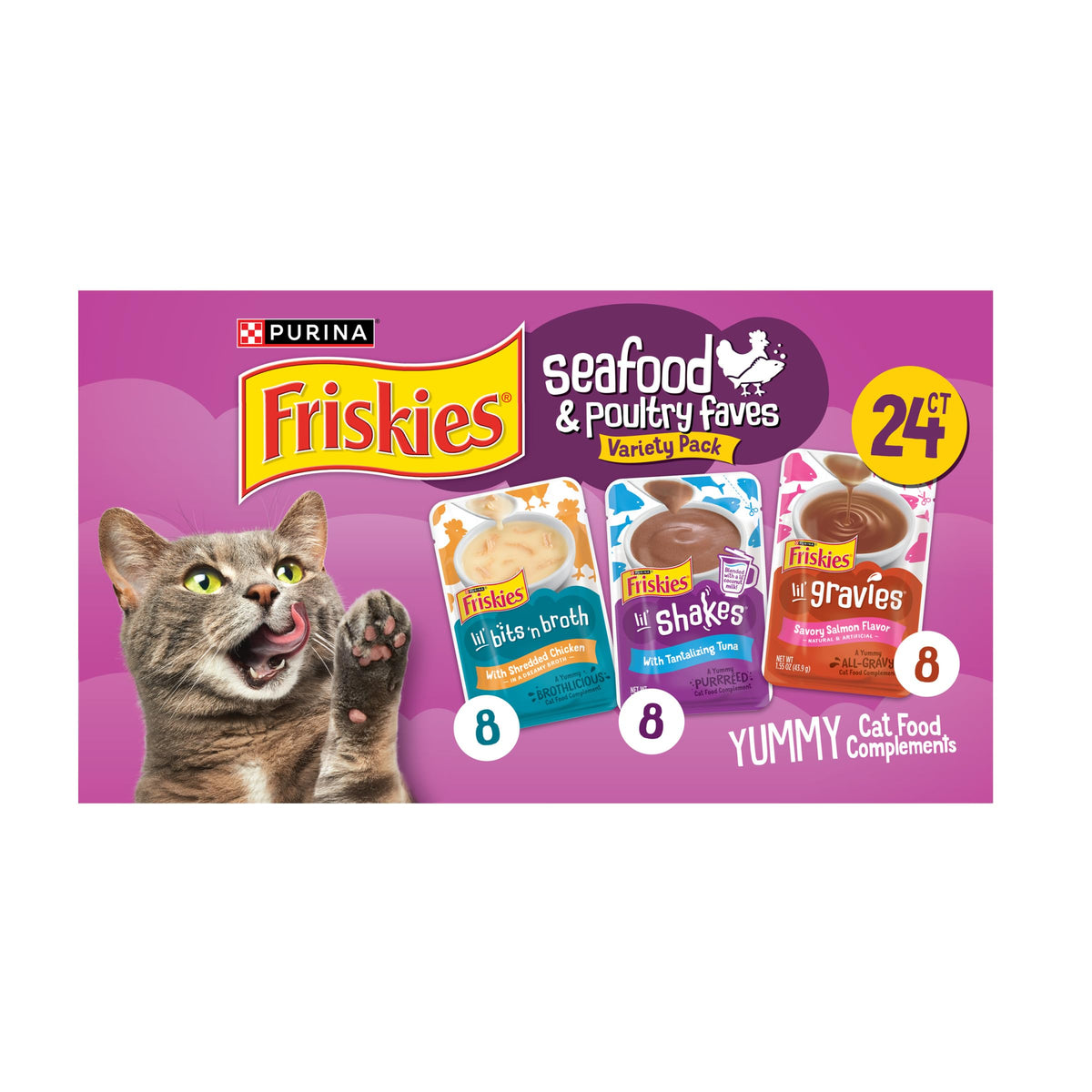 Friskies tuna gravy topper shown over dry cat food to boost moisture