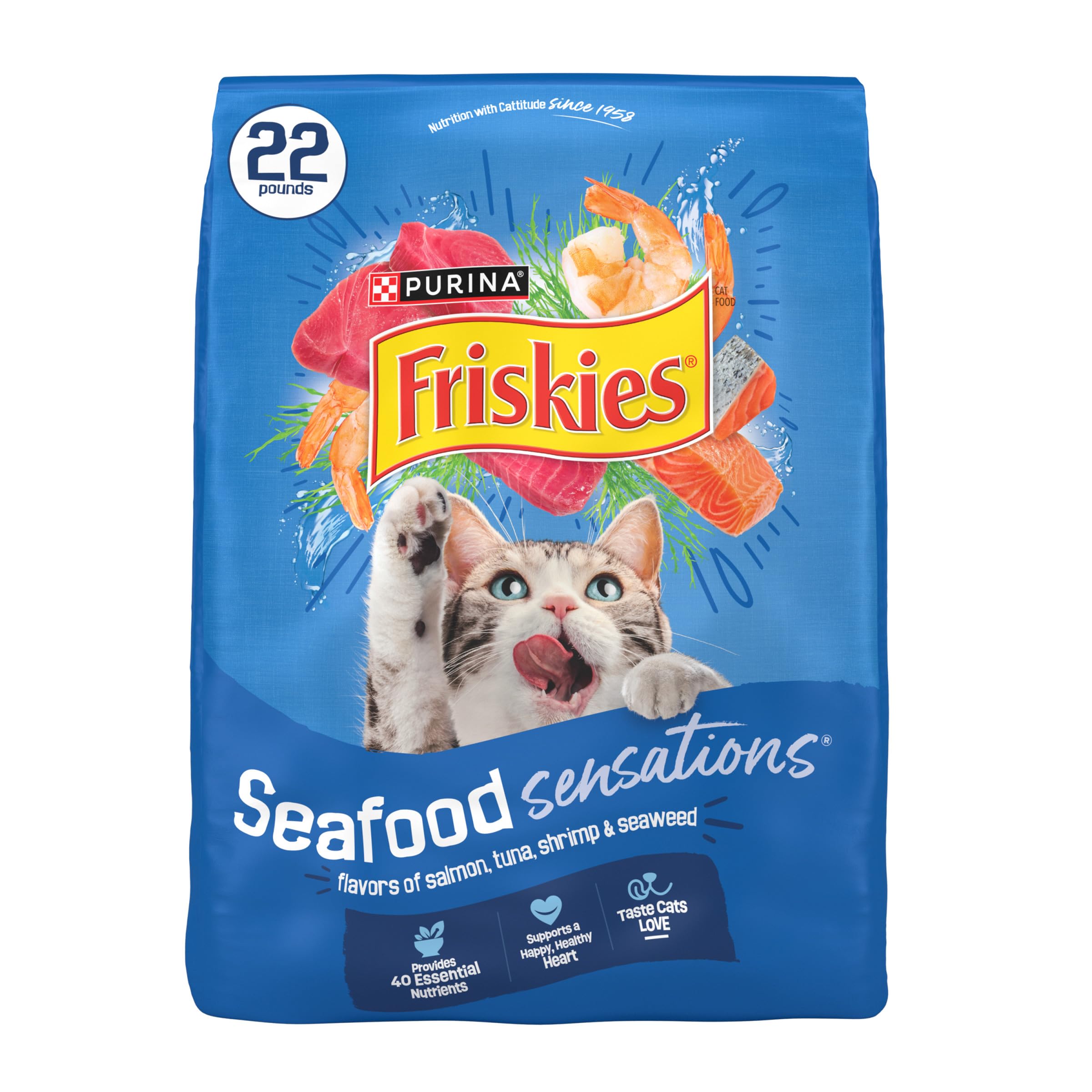 Friskies Seafood Sensations bag view for 22 lb dry cat food, ideal for everyday feeding