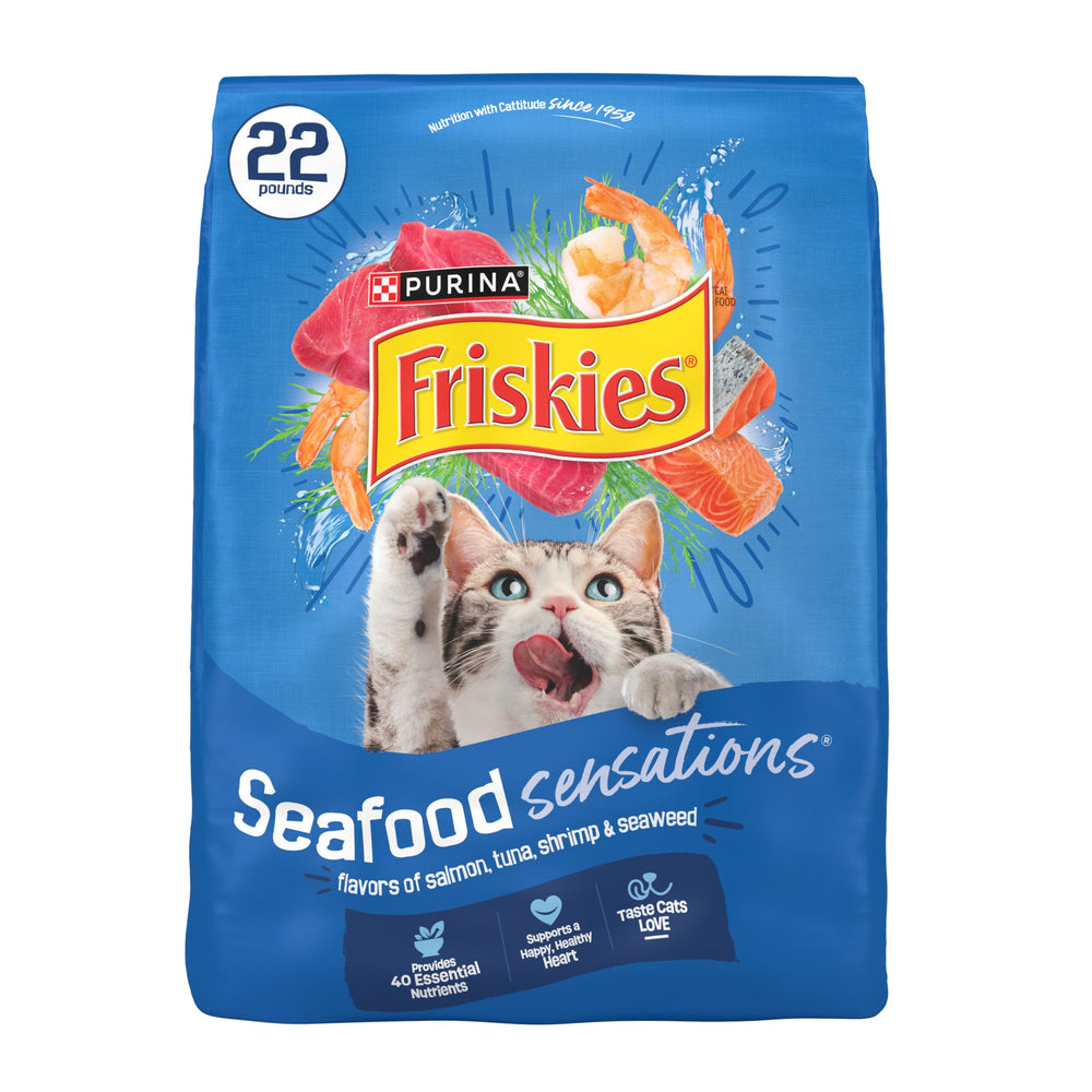 Friskies Seafood Sensations bag view for 22 lb dry cat food, ideal for everyday feeding