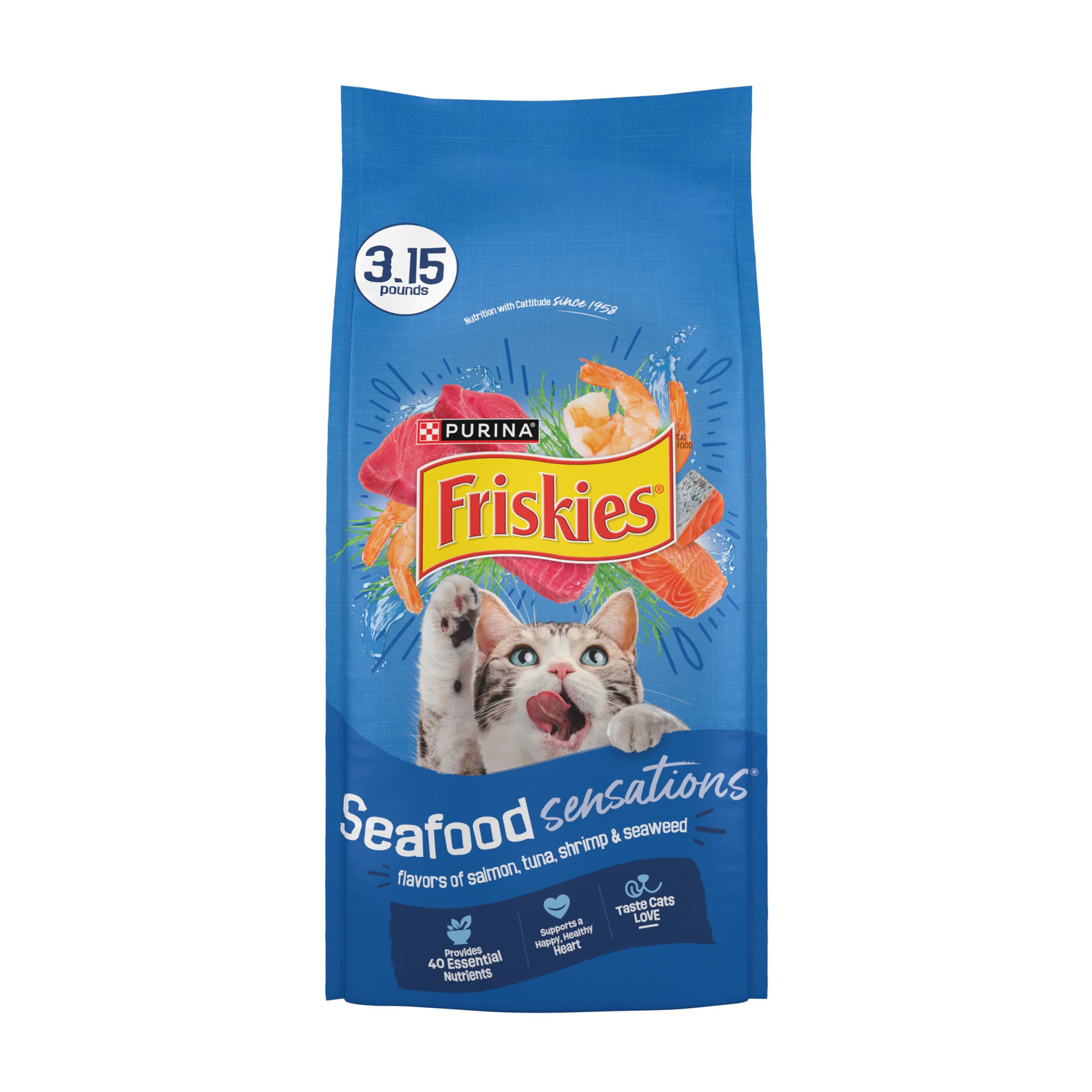 Friskies Seafood Sensations kibble in a bowl delivering balanced cat nutrition.