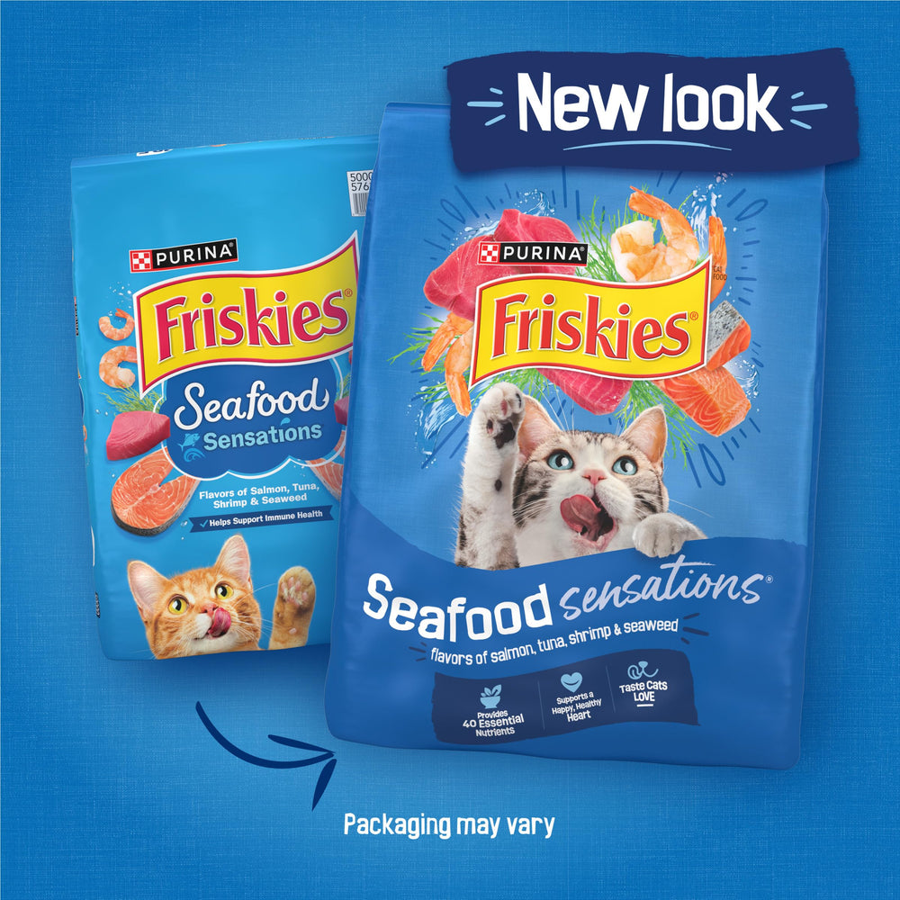 Friskies Seafood Sensations kibble closeup showing protein-rich bites
