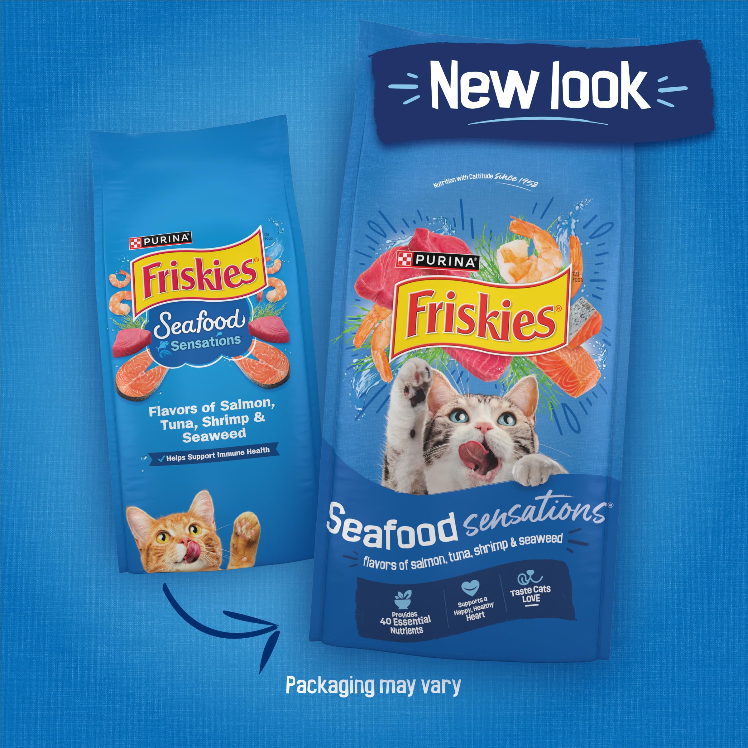 Friskies Seafood Sensations with salmon, tuna, and shrimp to entice cats.